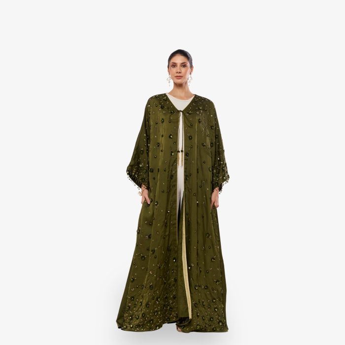 Olive Élan Hand-Embroidered Como Crepe Abaya