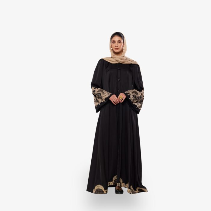 Umbria Noir Chantilly Appliqué Milano Satin Abaya