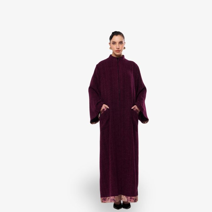 Plum Bouclé Charm Printed-Lined Cotton Abaya