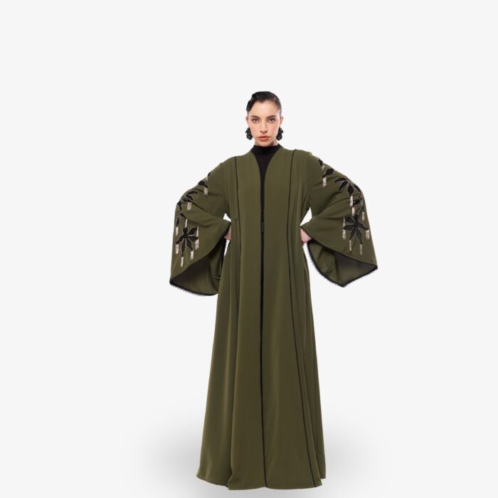 Olive Radiance Hand-Embroidered Crepe Abaya